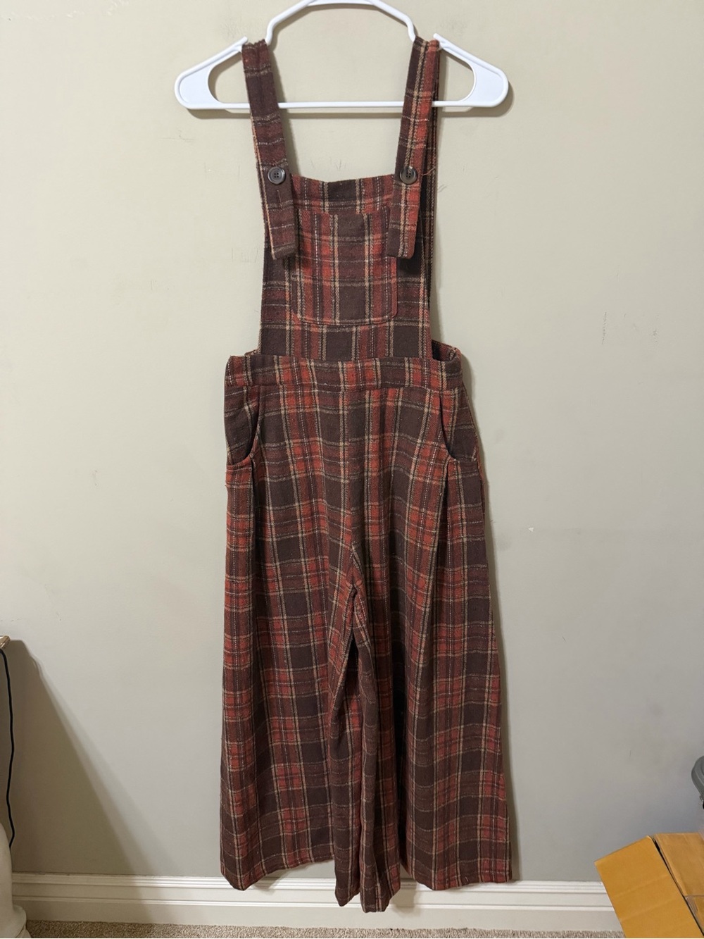 Cider XS Plaid flannel Wide-Leg Overalls Brown & Rust euc autumn cozy comfy